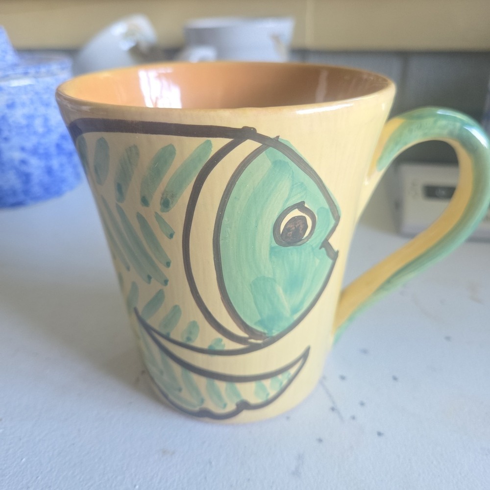 Bellini Piu Italy Ceramic Green Fish Glazed Mug Cup Italian Made Coffee Tea